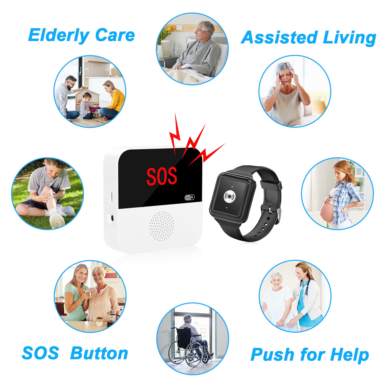 TY03+E-03W Daytech WiFi Caregiver Pager Call Button Nurse Call System Emergency Button for Elderly Patient Seniors Disabled 2 Watch Buttons 1 Receiver