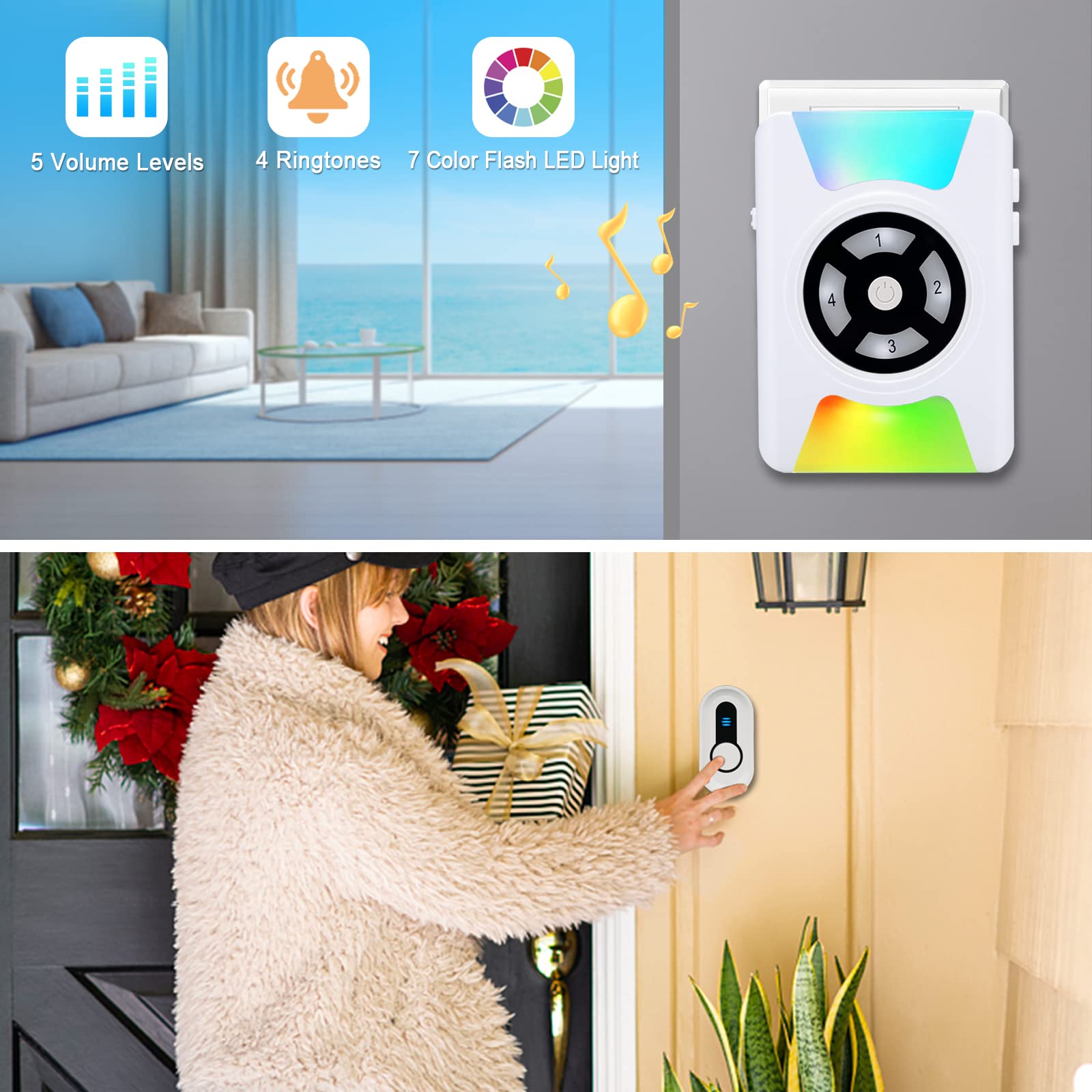 Door Chime Daytech Wireless Doorbell Chime With Colorful LED Flash Battery Operated Door Open Doorbell, 110dB loud Sound, Mute Mode, For Home, Apartments, Office, White, 1 Receiver + 1 Button