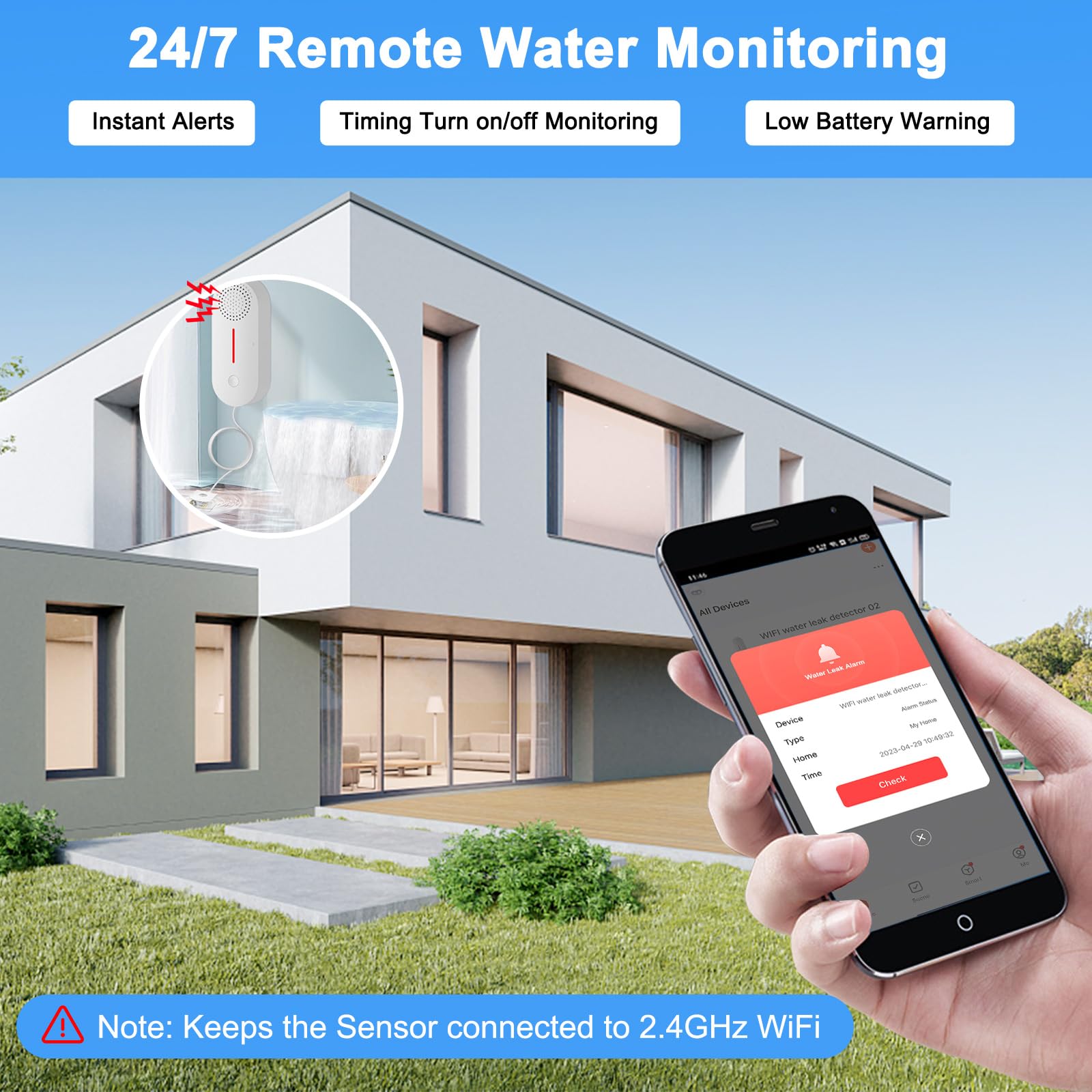 DAYTECH 2-in-1 Water Leak Detector and Water Level Sensor - WiFi Alarm System with 100dB Alert