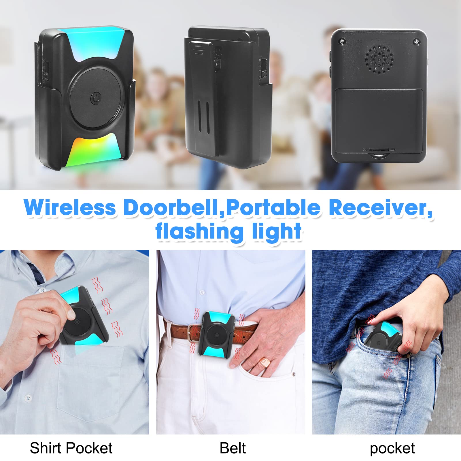 Daytech Wireless Doorbell Battery Operated Portable Hearing Impaired Door Bell Blind Vibrating Flashing Light Call Button 1000ft for Home Patient Elderly Classroom