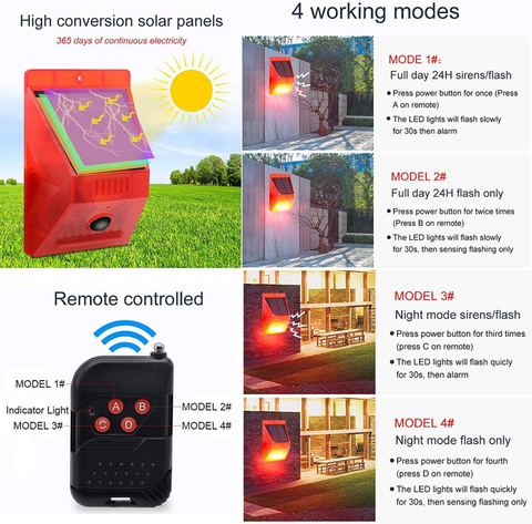 Daytech Solar Strobe Light with Remote Controller Motion Detector Outdoor Alarm Light 129db Sound Security Siren Light IP65 Waterproof Protected for Your Home Villa Baren Farm Yard 2 Pack