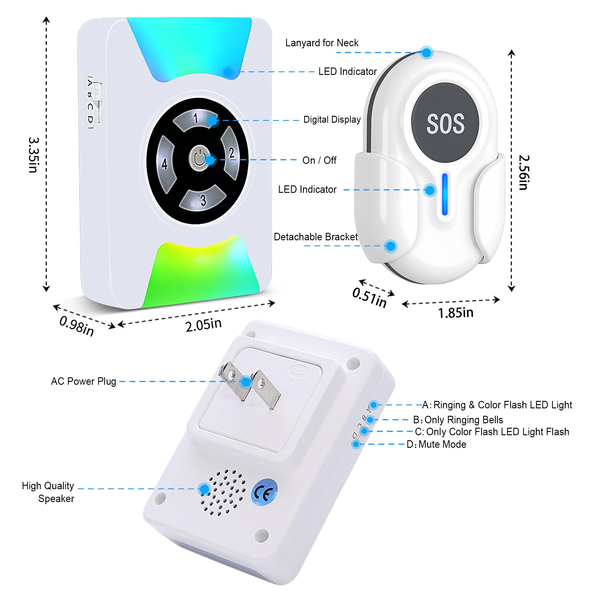 CC23WH+ BT009GR+E-03W Elderly Care Alert System Personal SOS panic button Fall alarm Senior Help Call Home Care for older people