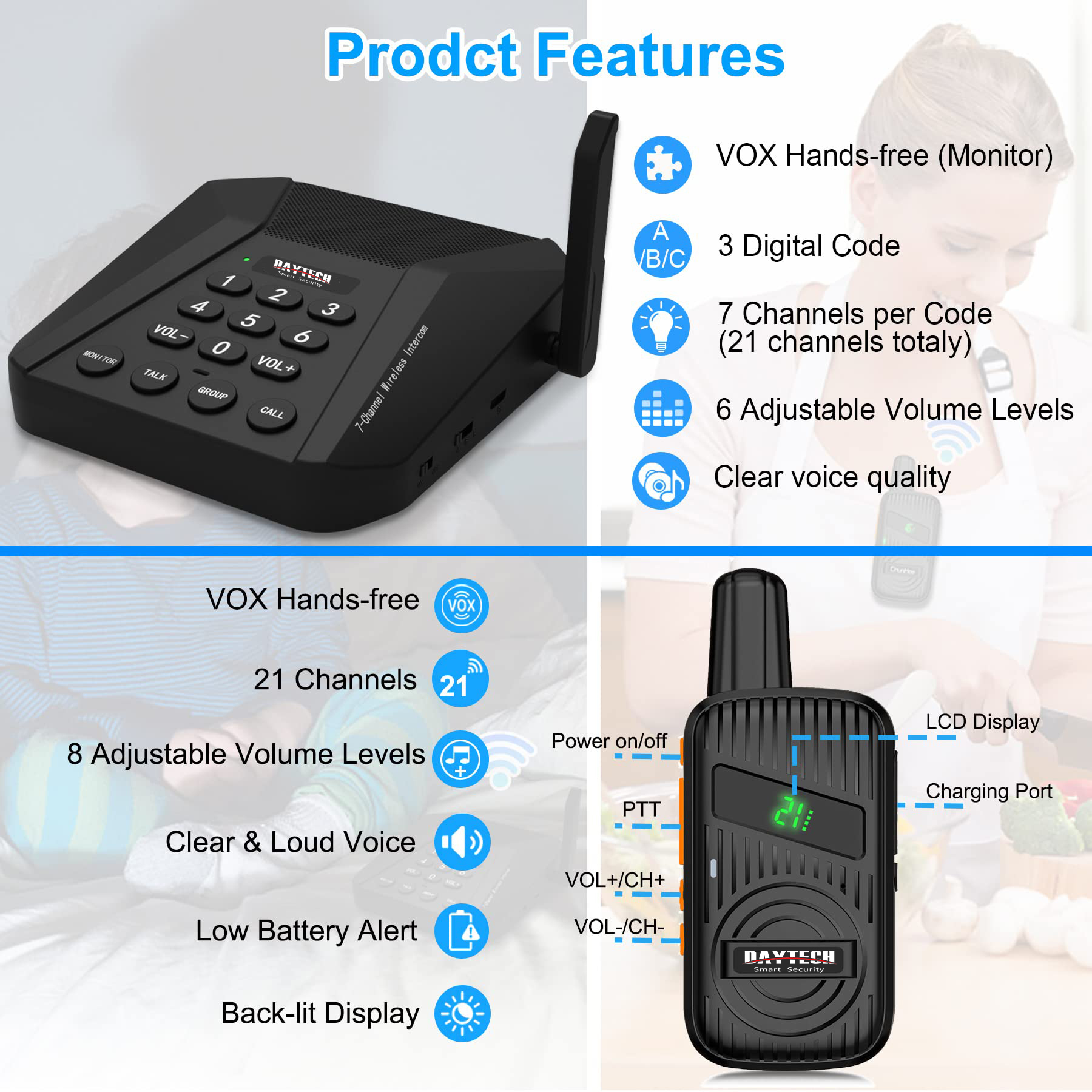Daytech Rechargeable Wireless Intercoms 21 Channel walkie-talkie Battery Powered 1.5 Mile Long Range Wireless Intercom System