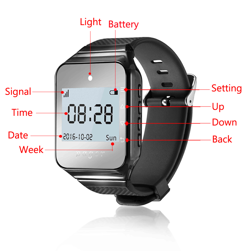 SW05BL+E-03A watch pager with 3 key call button
